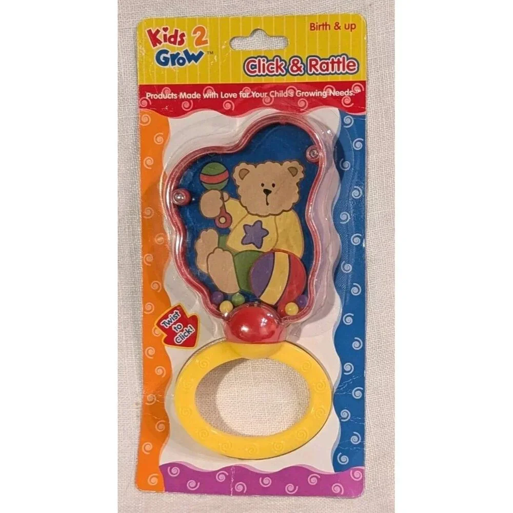 Kids 2 Grow Baby Toy Click & Rattle Infant Twist Teddy Bear NOS Colorful Vtg Fun